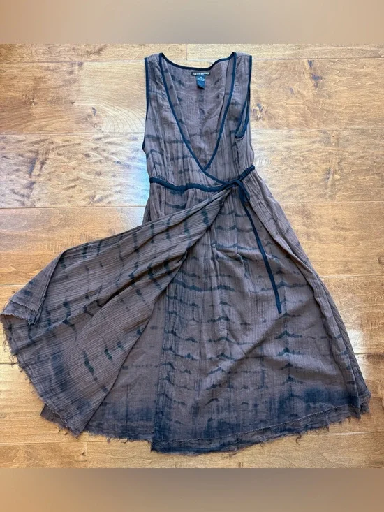 Lucky Brand Y2K Brown Tie Dye Wrap Midi Dress Raw Hem Boho - Picture 2 of 5